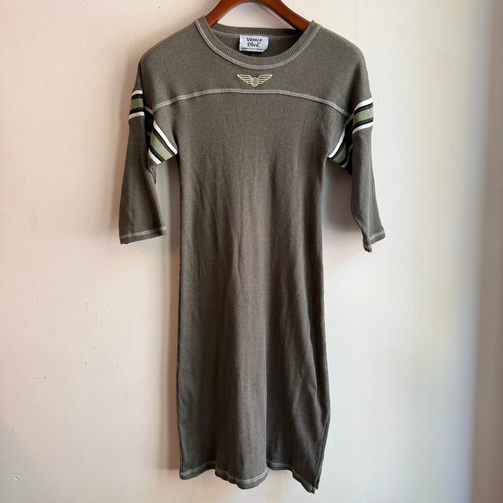 Venice Blvd Ribbed Bodycon Dress Striped Sleeve Olive Green Small Y2K Grunge